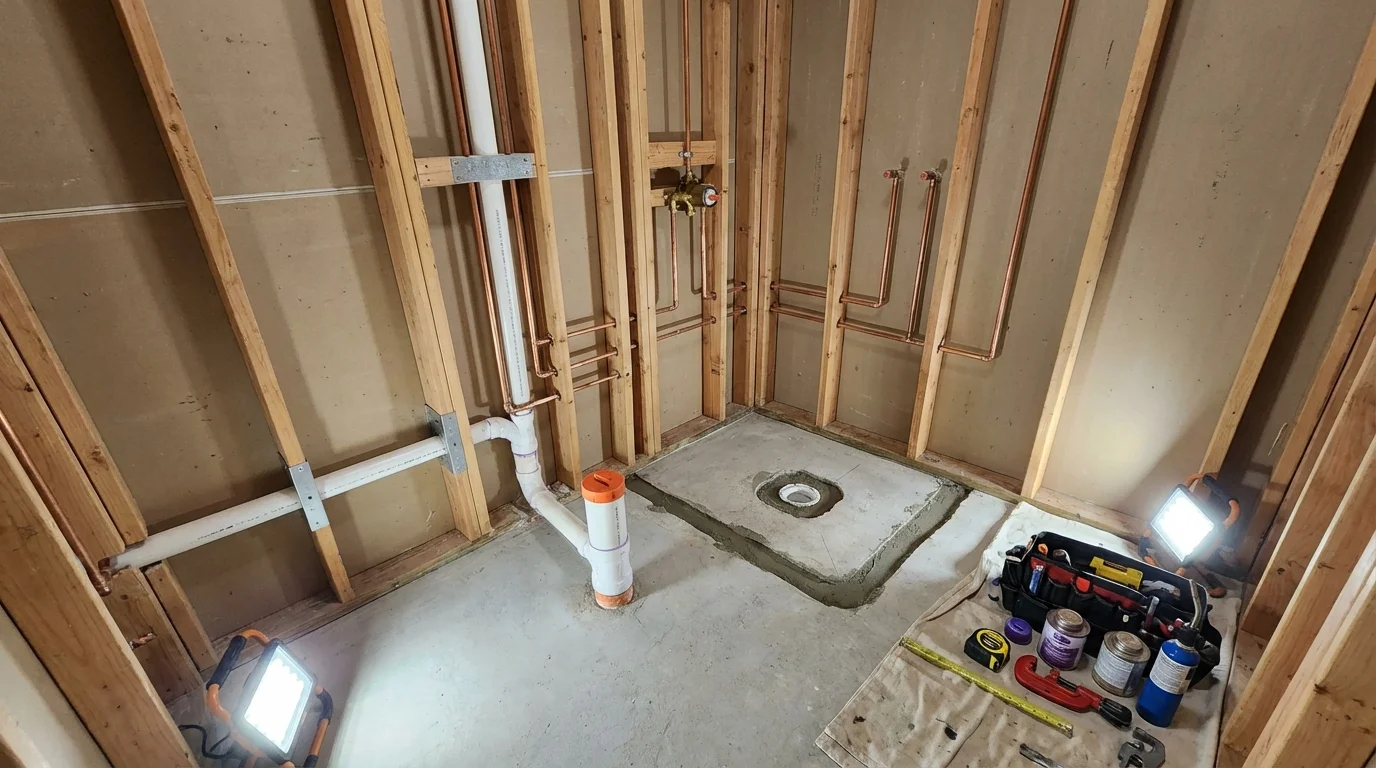 Bathroom rough-in plumbing during remodel by Johns Plumbing LLC in Weber City