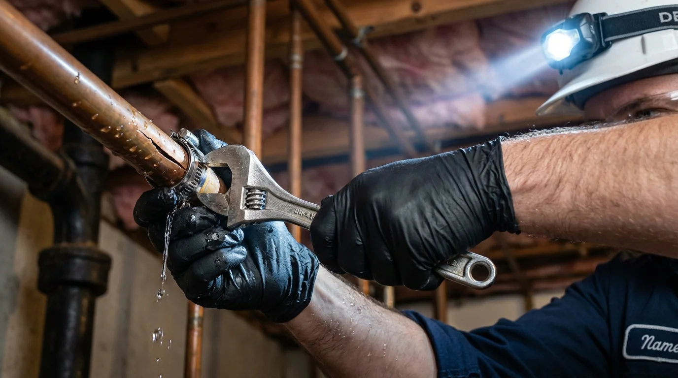 Emergency pipe clamp repair being performed by a Johns Plumbing LLC plumber in Weber City