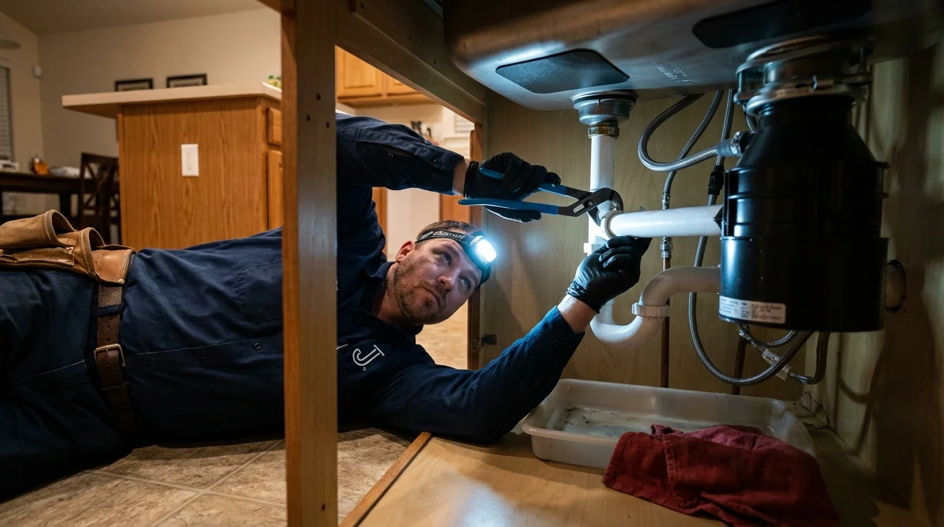 P-trap and supply line connections under a kitchen sink showing a common leak point in Weber City, VA